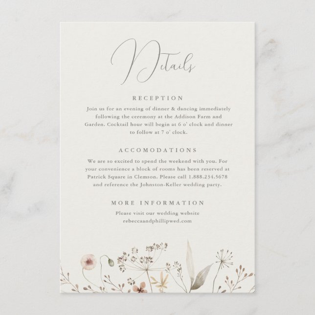 Elegant Boho Wildflower Wedding Details Enclosure Card (Front)