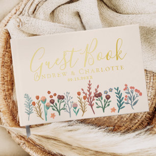 Elegant Boho Wildflower Wedding Gold Guest Book