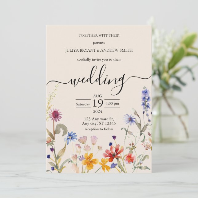 Elegant Boho wildflower  wedding Invitation (Standing Front)