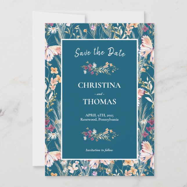 Elegant Boho Wildflowers Blue Save the Date  Invitation (Front)