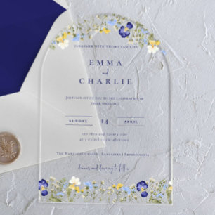 Elegant Boho Wildflowers blue Script Wedding Acrylic Invitations