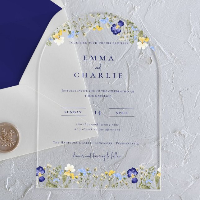 Elegant Boho Wildflowers blue Script Wedding Acrylic Invitations (Creator Uploaded)