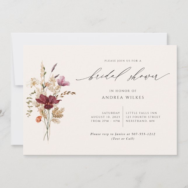 Elegant Boho Wildflowers Fall Bridal Shower Invitation (Front)
