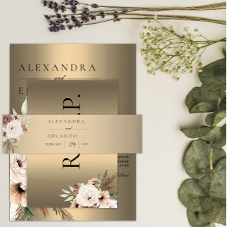 Elegant Boho Wildflowers Gold Wedding Invitation Belly Band