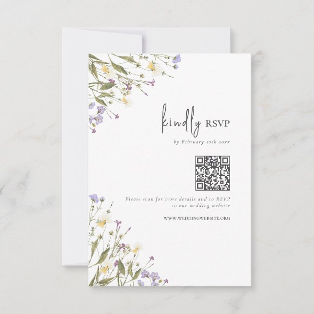 Elegant Boho Wildflowers Wedding QR code RSVP Card (Front)