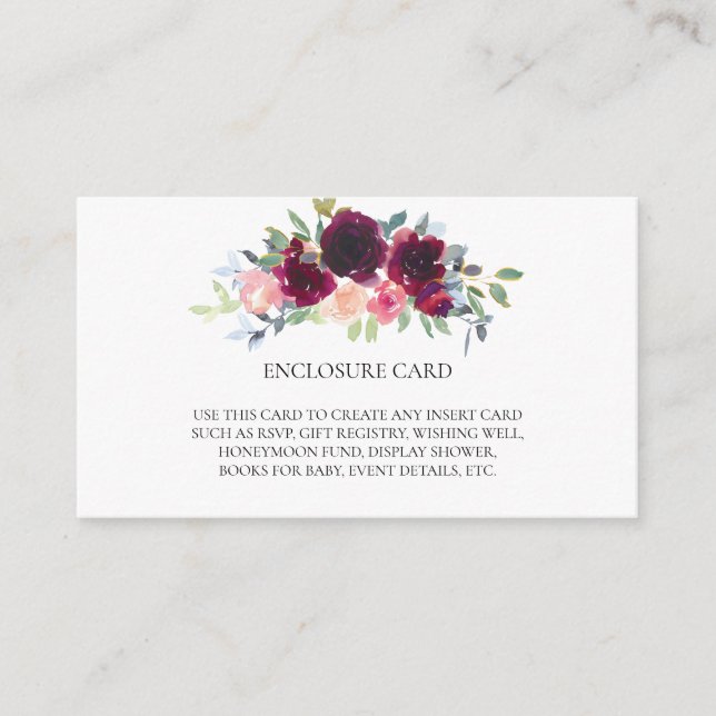 Elegant Boho Wine & Blush Watercolor Floral Enclosure Card (Front)