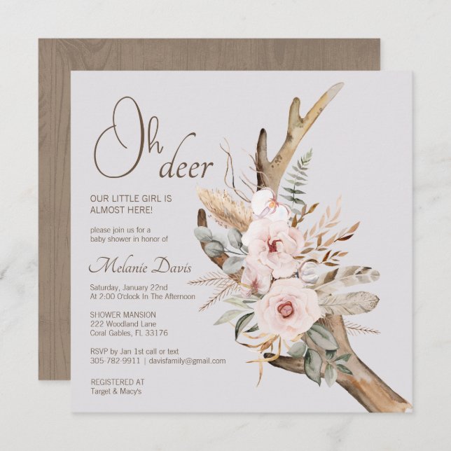 Elegant Boho Woodland Baby Shower Invitation – Wat (Front/Back)