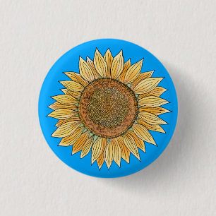Elegant Boho Yellow and Blue Watercolor Sunflower 3 Cm Round Badge