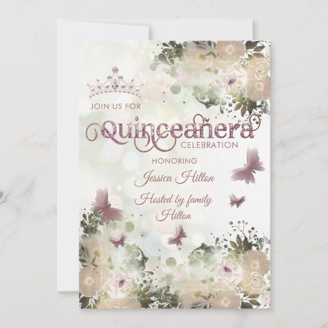 Elegant bokeh Butterfly floral garden Quinceañera Invitation (Front)