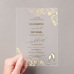 Elegant Bokeh,Confetti Wine Glasses Wedding Invita Acrylic Invitations