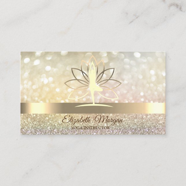 Elegant Bokeh Gold, Lotus Women Yoga Instructor Business Card (Front)