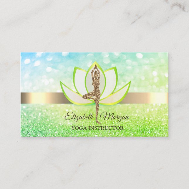 Elegant Bokeh Green Lotus Yoga Glitter Girl Business Card (Front)