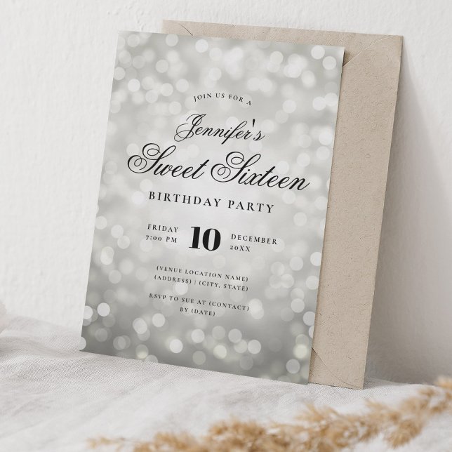 Elegant Bokeh Lights Formal Script Sweet 16 Silver Invitation (Elegant Bokeh Lights Formal Script Sweet 16 Silver Invitation)