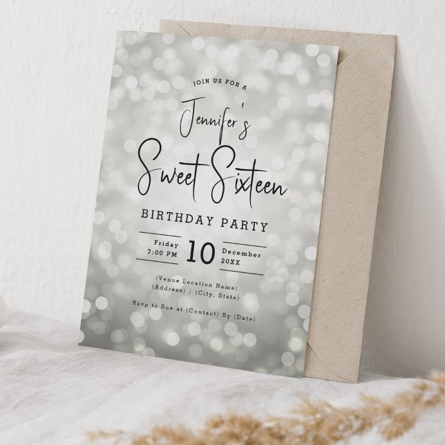Elegant Bokeh Lights Modern Script Sweet 16 Silver Invitation (Elegant Bokeh Lights Modern Script Sweet 16 Silver Invitation)