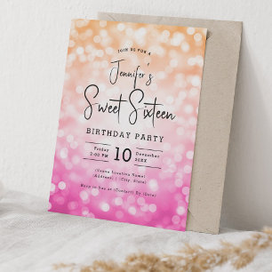 Elegant Bokeh Modern Script Sweet 16 Pink Orange  Invitation