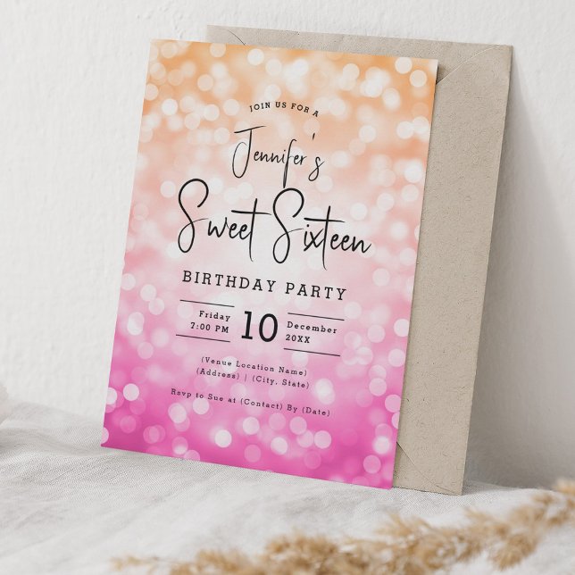 Elegant Bokeh Modern Script Sweet 16 Pink Orange  Invitation (Elegant Bokeh Modern Script Sweet 16 Pink Orange Invitation)