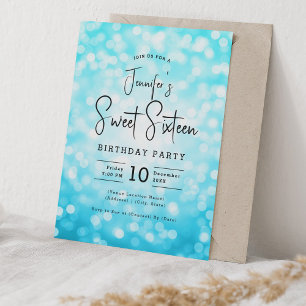 Elegant Bokeh Modern Script Sweet 16 Turquoise  Invitation