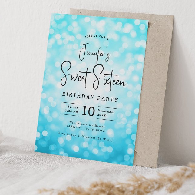 Elegant Bokeh Modern Script Sweet 16 Turquoise  Invitation (Elegant Bokeh Modern Script Sweet 16 Turquoise Invitation)