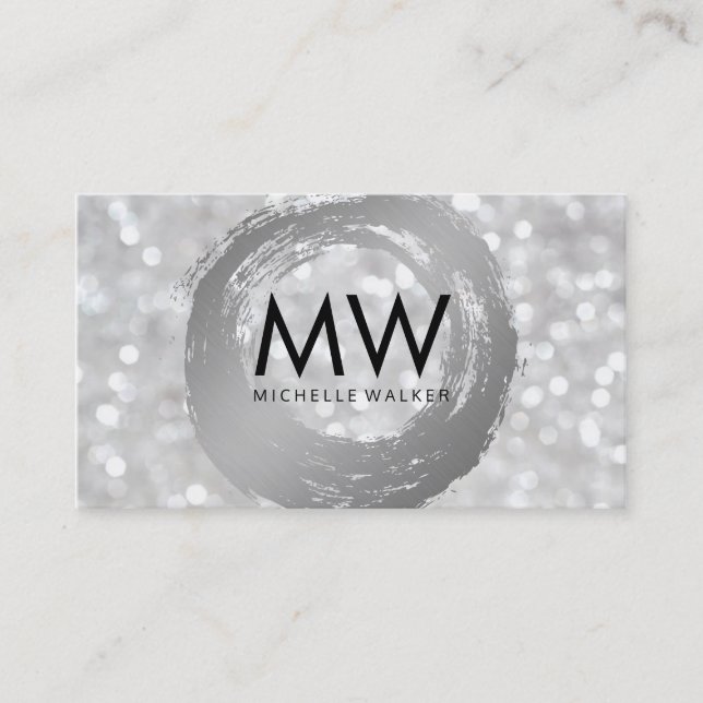 Elegant Bokeh Mongram Artistic Silver Brushed Business Card (Front)