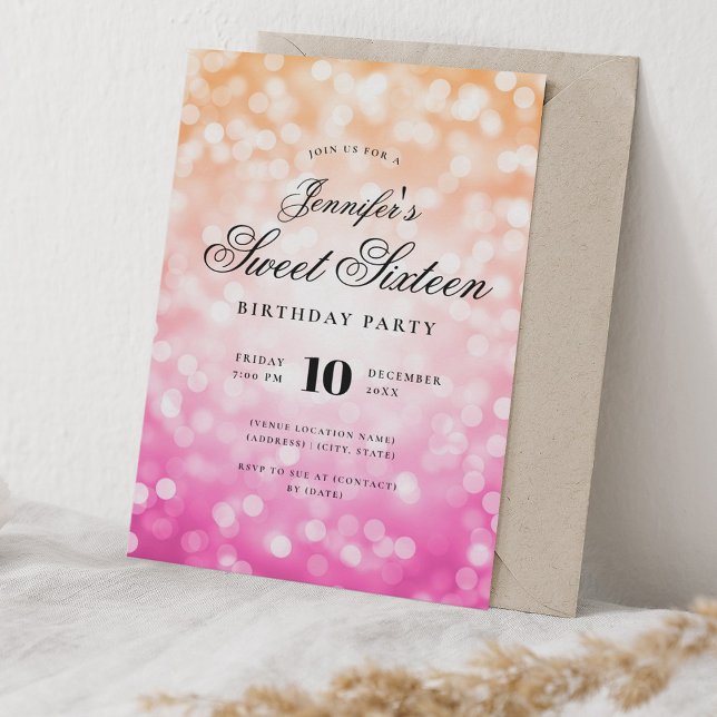 Elegant Bokeh Script Sweet 16 Party Pink Orange Invitation (Elegant Bokeh Script Sweet 16 Party Pink Orange Invitation)