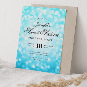 Elegant Bokeh Script Sweet 16 Party Turquoise  Invitation