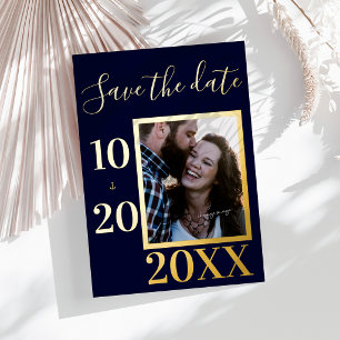 Elegant Bold Blue Anchor Photo Save the Date Gold 