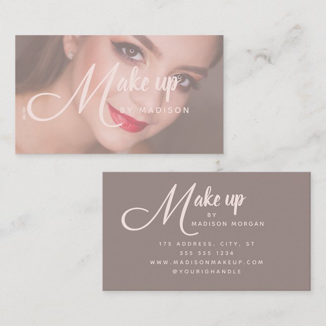 Elegant Bold Blush Pink Script Photo Makeup Business Card (Creator Uploaded)