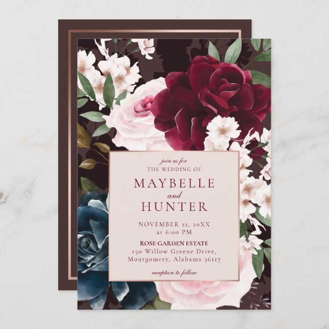 Elegant Bold Burgundy & Navy Watercolor Florals Invitation (Front/Back)