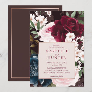 Elegant Bold Burgundy & Navy Watercolor Florals Invitation