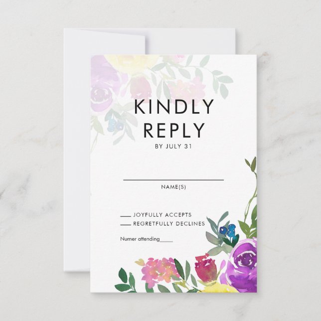 Elegant Bold Colourful Floral Watercolor Wedding RSVP Card (Front)
