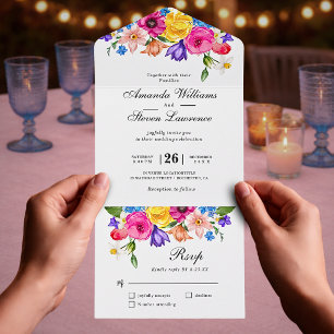 Elegant Bold Colourful Watercolor Floral All In One Invitation