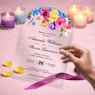 Elegant Bold Colourful Watercolor Floral wedding Acrylic Invitations