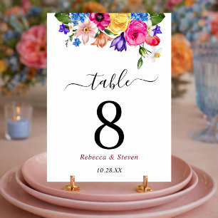 Elegant Bold Colourful Watercolor Floral wedding Table Number