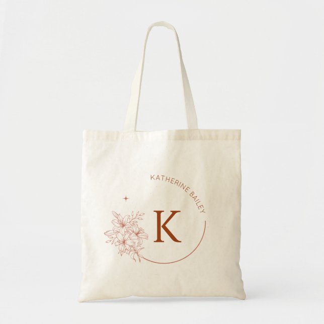 Elegant Bold Floral Initial Name Tote Bag (Front)