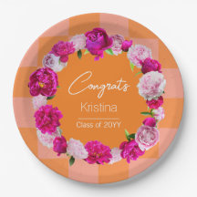 Elegant Bold Floral Orange & Pink Check Graduation