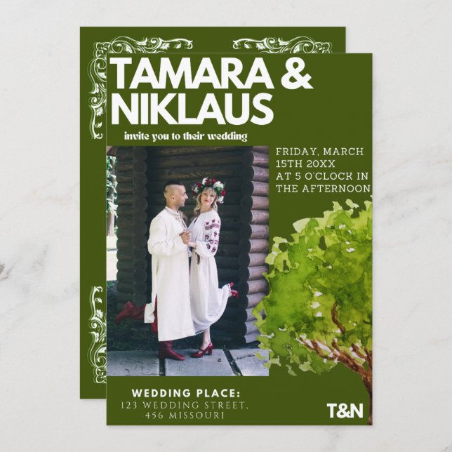 Elegant Bold Forest Green Slavic Photo Wedding Invitation (Front/Back)
