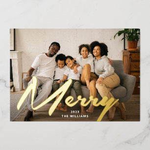 Elegant Bold Merry Brush Script Photo Real Gold
