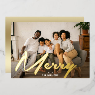 Elegant Bold Merry Brush Script Photo Real Gold