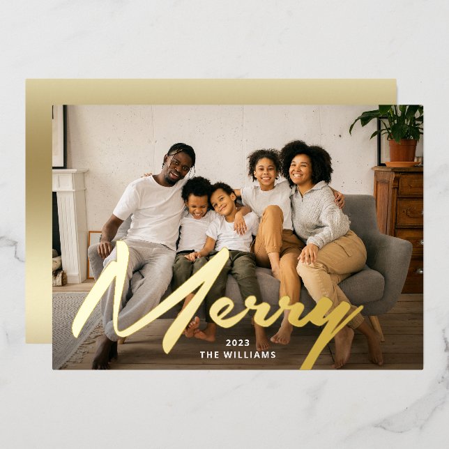 Elegant Bold Merry Brush Script Photo Real Gold (Front/Back)