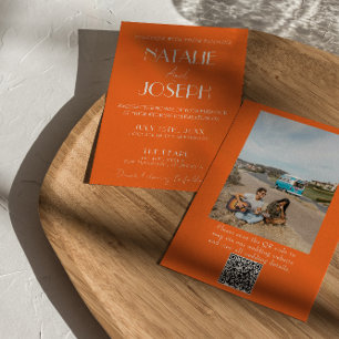 Elegant Bold Orange Stylish Photo QR Code Wedding Invitation