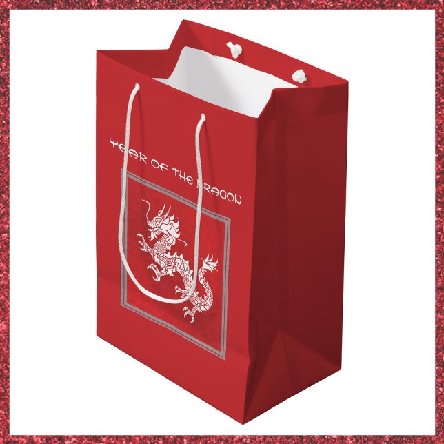 Elegant Bold Red and White Year of the Dragon  Medium Gift Bag (Creator Uploaded)