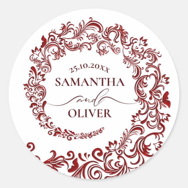 Elegant Bold Red Damask Wedding Classic Round Sticker (Front)