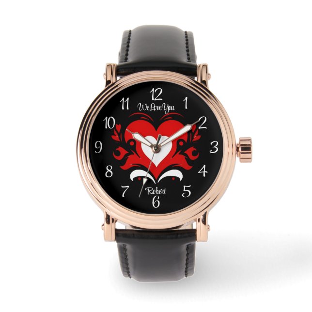 Elegant bold red white heart against black & text watch (Front)