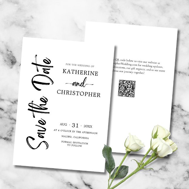 Elegant Bold Script Black White Formal Wedding Save The Date (Black and White Wedding Save the Date with Bold Vertical Script, QR Code, Wedding Website.)