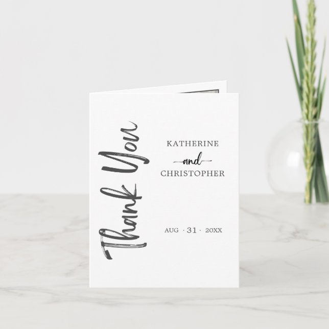 Elegant Bold Script Black White Wedding Photo Thank You Card (Front)