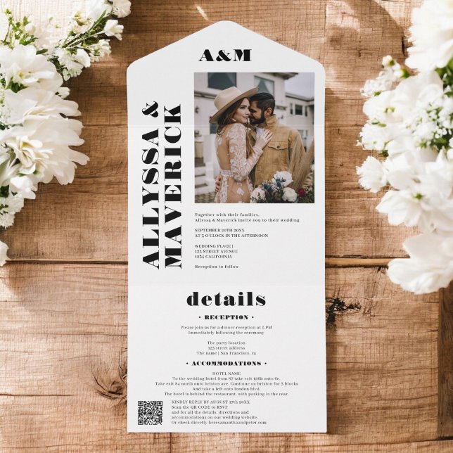 Elegant Bold simple black white photo wedding All In One Invitation (Elegant Bold simple black white photo wedding All In One Invitation)