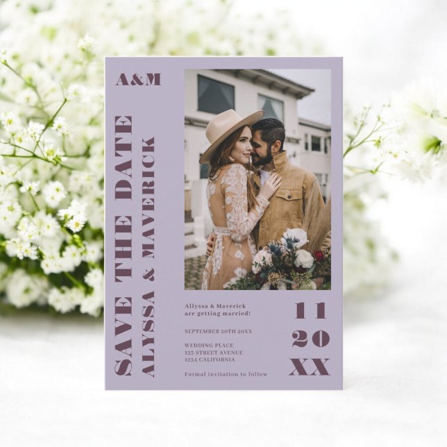 Elegant Bold simple lilac purple 2 photos wedding Save The Date (Elegant Bold simple lilac purple 2 photos wedding Save The Date)