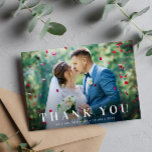 Elegant bold thank you wedding card<br><div class="desc">an elegant yet simple white text design with a bold text look and a lovely image of the newlyweds,  the image and text can be personalised.</div>