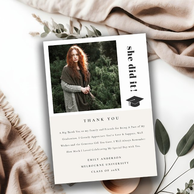 Elegant Bold Typography Graduation Cap Photo Thank You Card (Creator Uploaded)