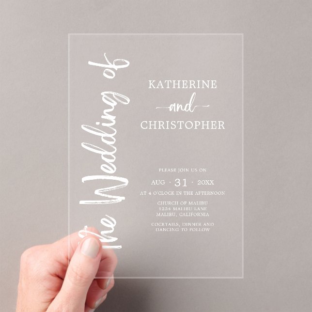 Elegant Bold White Script Wedding Clear Acrylic Invitations (Insitu (Handheld))